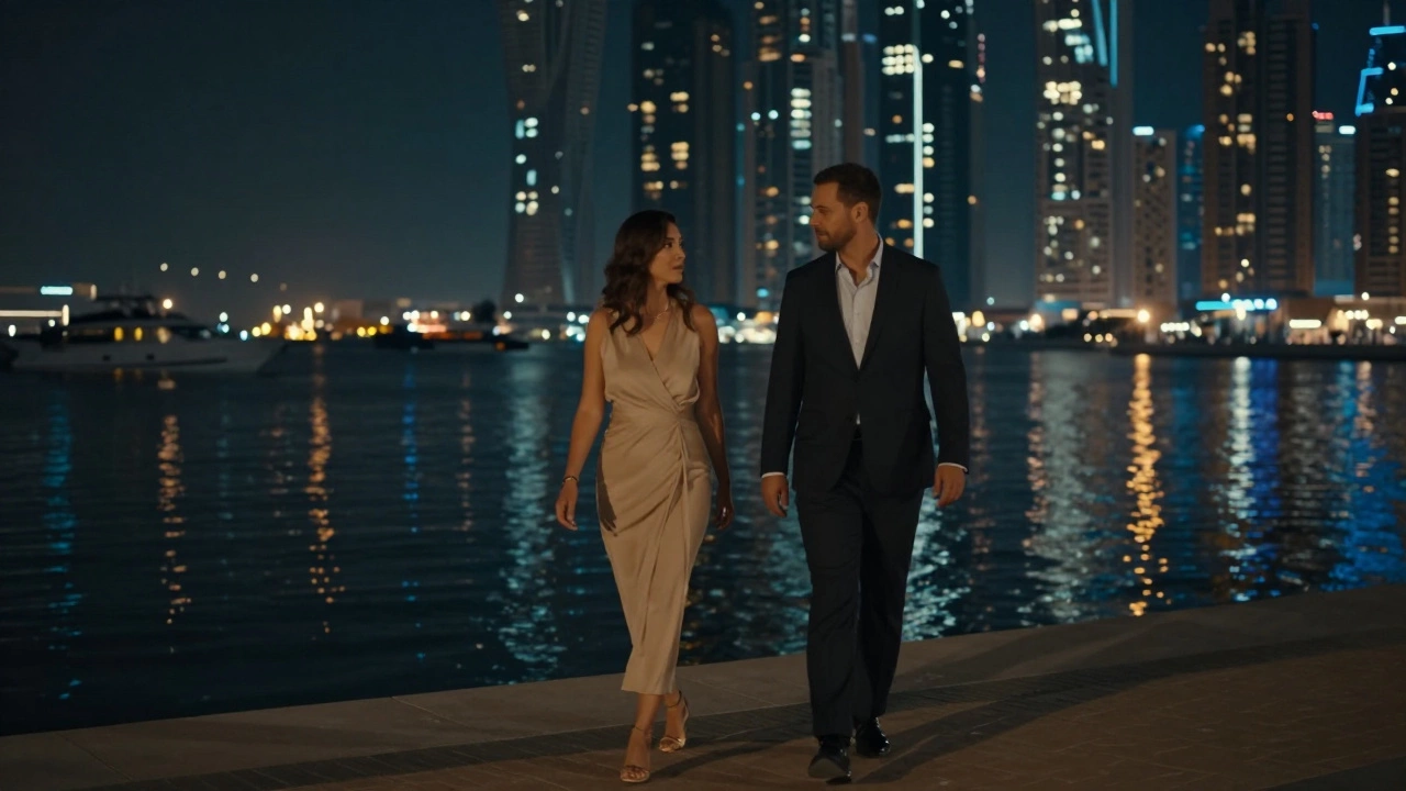 A couple walking along the Dubai Marina at night, lights reflecting on the water.