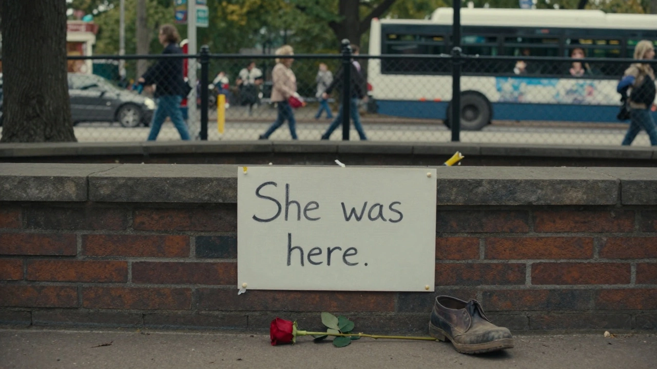 A single rose and shoe beside a handwritten sign &#039;She was here&#039; on a park fence, people walking past unaware.