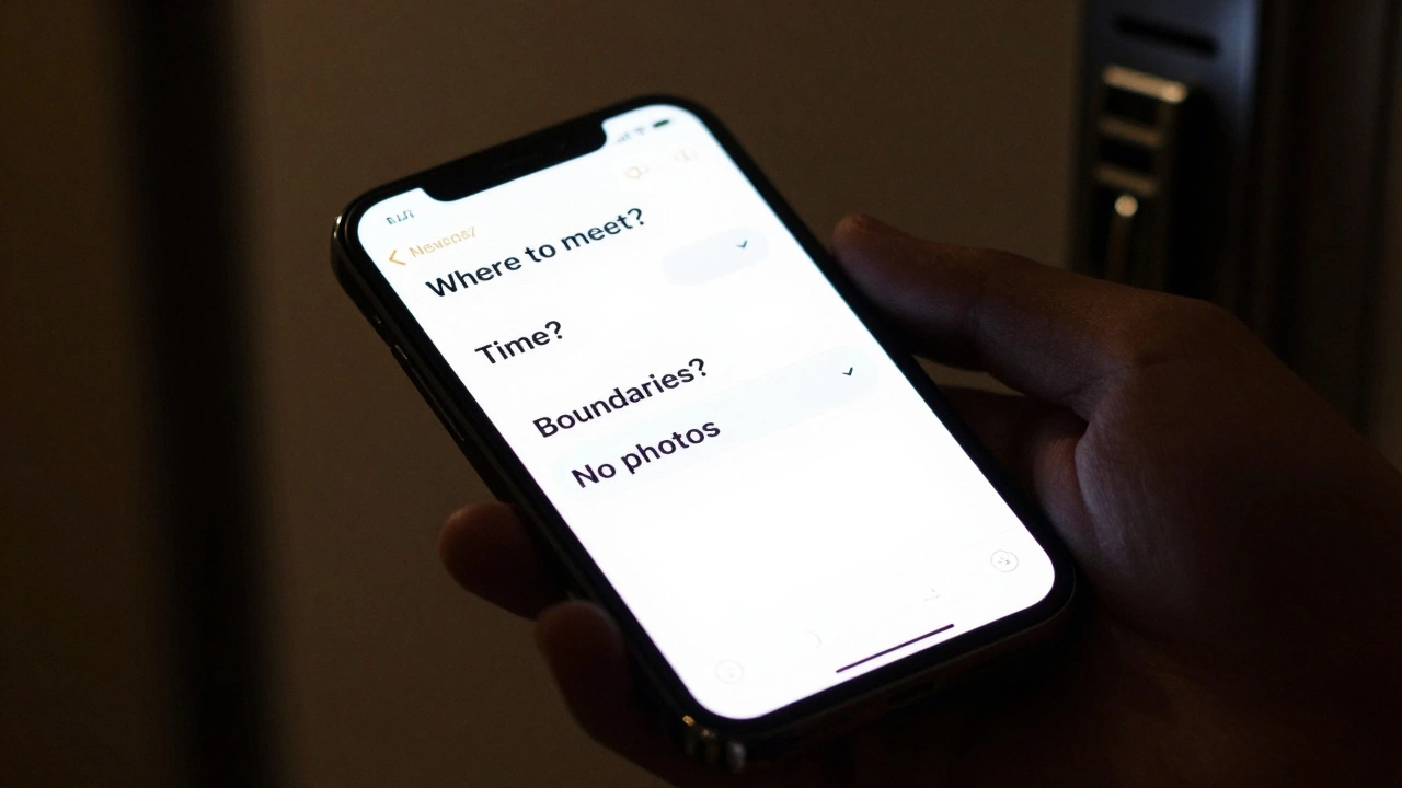 A smartphone screen showing encrypted text messages about meeting details in a dark room.