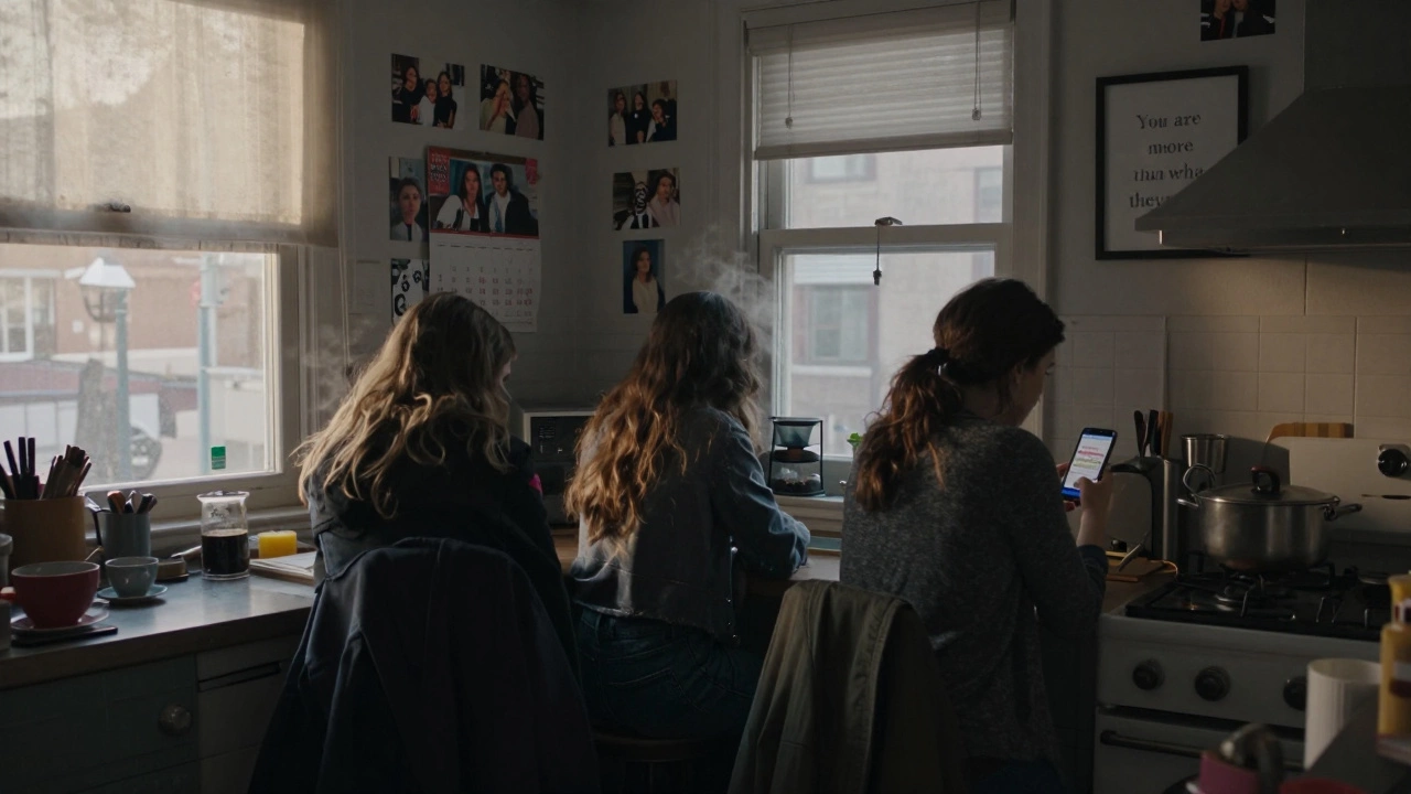 Three women in a quiet kitchen at dawn, one staring at a phone with a classified ad, photos of past lives on the wall.